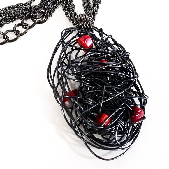 Necklace with Oval Pendant Coral Gemstone Handmade - Picture 2 of 9